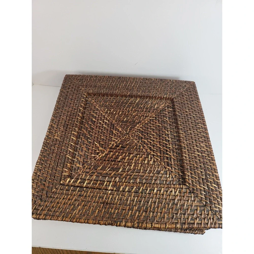 Set of 6 Vintage Woven Rattan Charger Plates 13in Square Dark Brown Wicker Boho